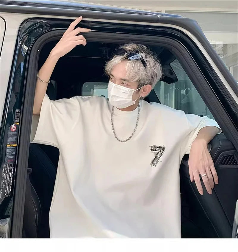 2025 Summer Goth Seven Printed Short Sleeve Tshirt Men's Hip Hop Fashion Cotton Oversized T-shirts High Street Y2K Tee Tops
