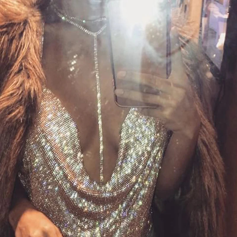 Festival Brilliant Rhinestone Backless Party Crop Top Women 2024 Summer Glitter Evening V Neck Diamonds Metal Tank Tops