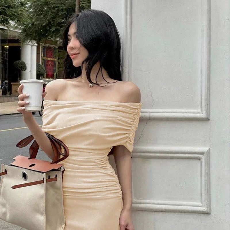 Spring European and American One Shoulder Pleated Dress Slim Fit and Slim Slim Slim Split Bottom Dress Long Dres