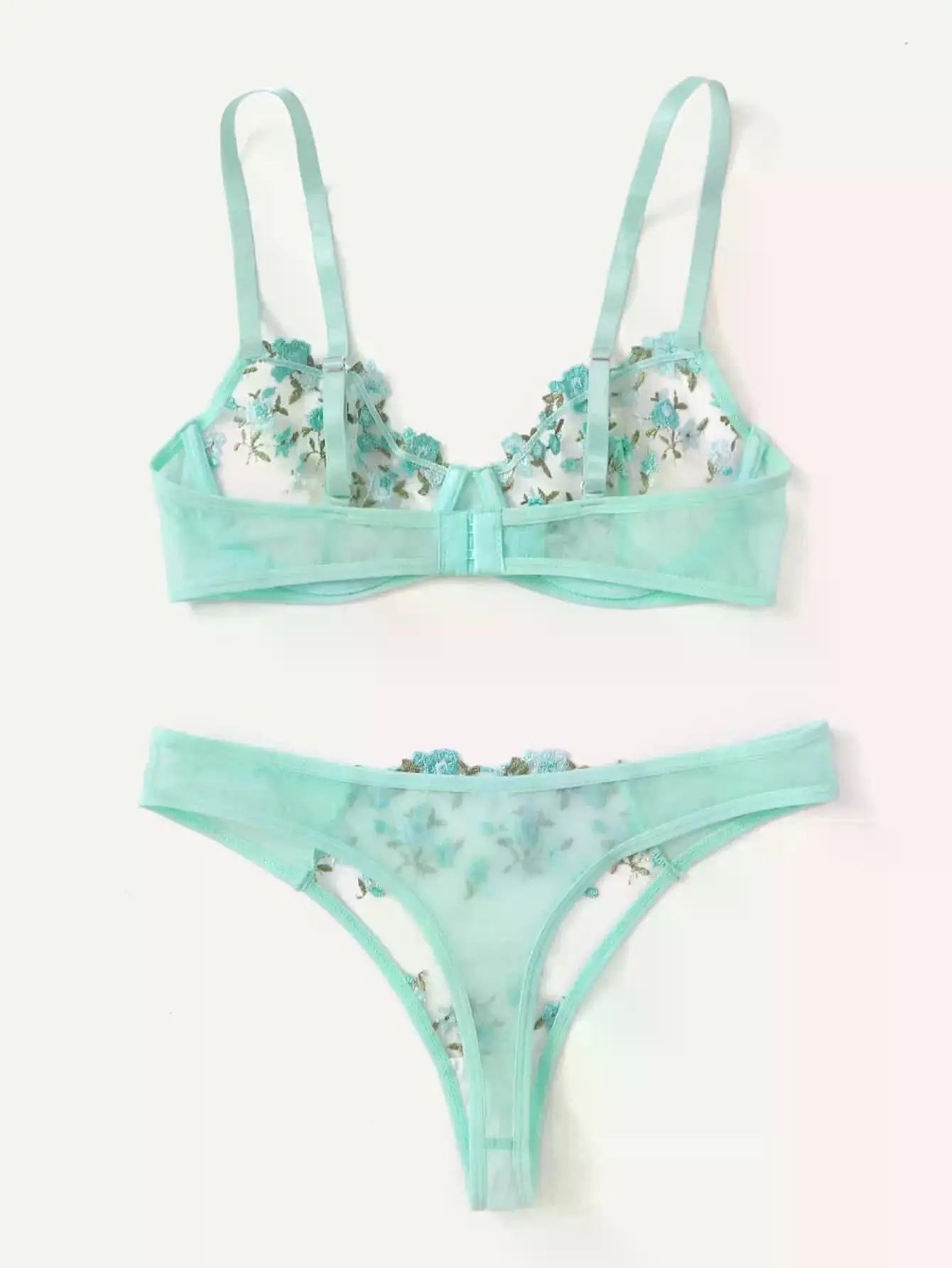 Transperant Lingerie Set Women Mesh Net Sexi Lenceria Sensual Mujer Bra Sets Embroidery Floral Underwired