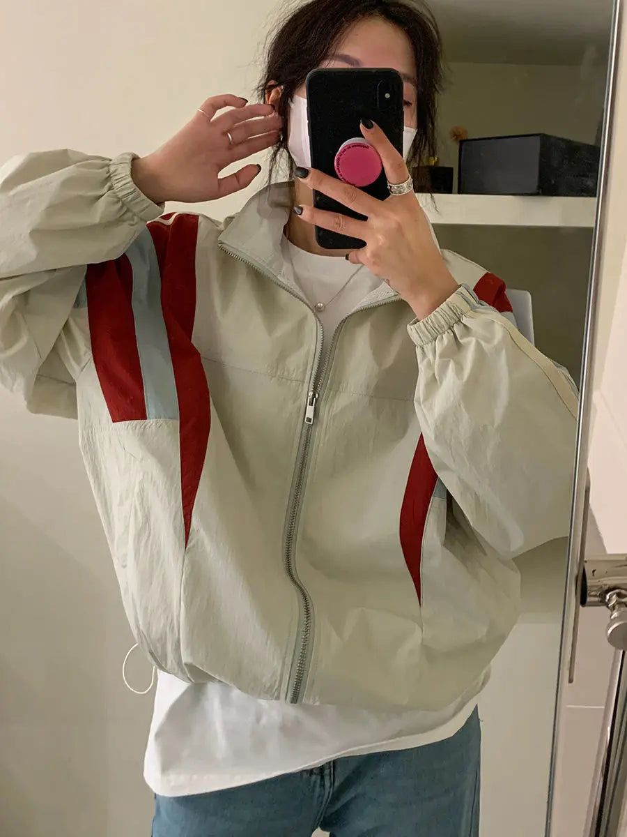 Patchwork Stand Collar High Street Y2k Bomber Outerwear Contrast Color Casual Loose Zipper Summer Jackets Women Baseball Coats