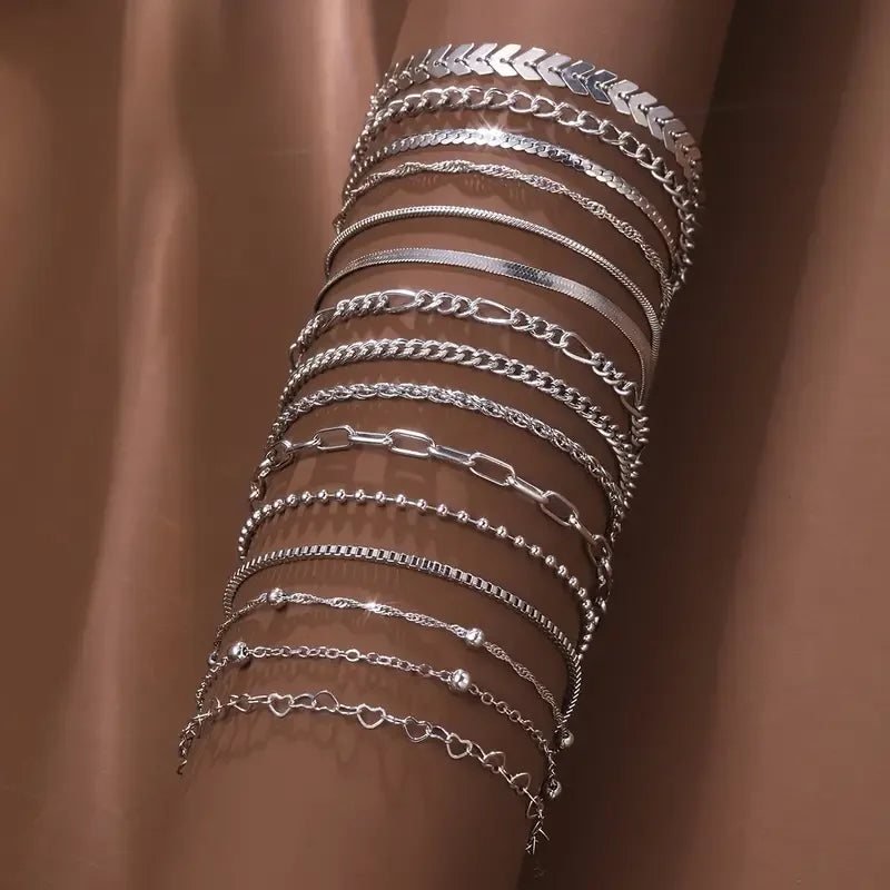 15 Piece Set Silver Color Chain Bead Bracelets for Women Simple Elegant Vacation Beach Party Casual Jewelry Versatile Daily Wear