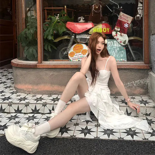 2025 Elegant Ruffle Hem High Low Dress Womens Sleeveless Spaghetti Strap White Gothic Vintage Fairycore Aesthetic Midi Dress