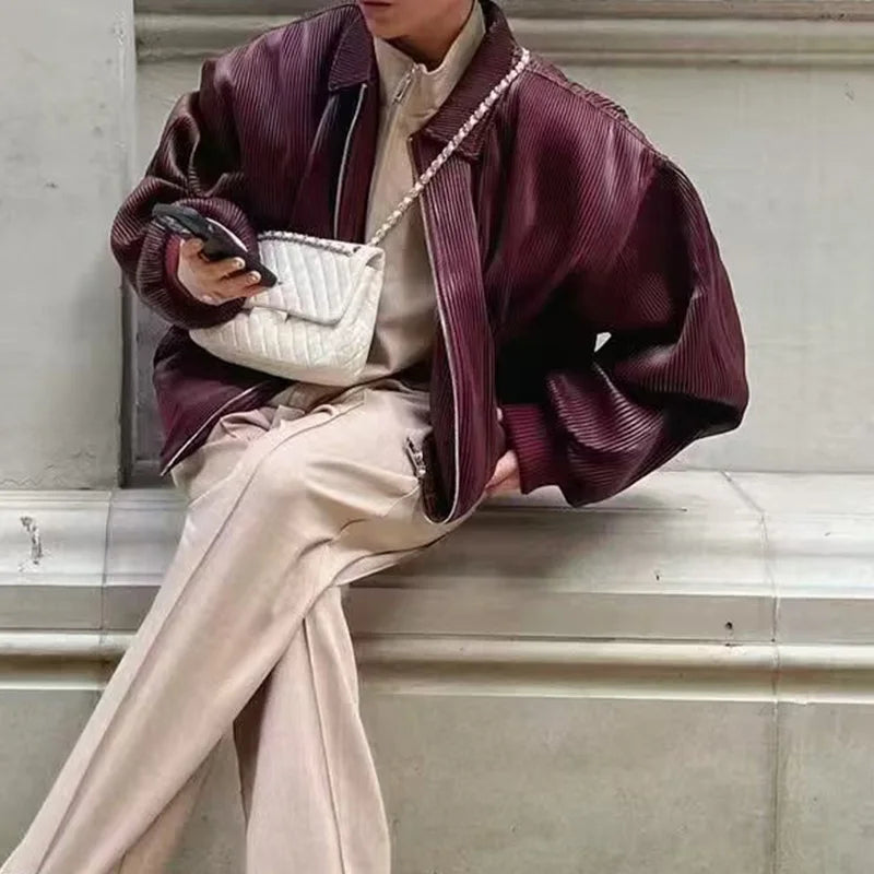 Faux Leather Jackets Women's Coat Wine Red Outwear Solid Long Sleeve Tops inszart 2025 With Zipper Streetwear Fashion Woman Coat