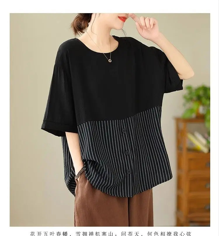 Summer New Plus Size Women's Fashion Striped Patchwork Tops Tees Youth Short Sleeve Loose Vintage T Shirts Casual Trend Clothing