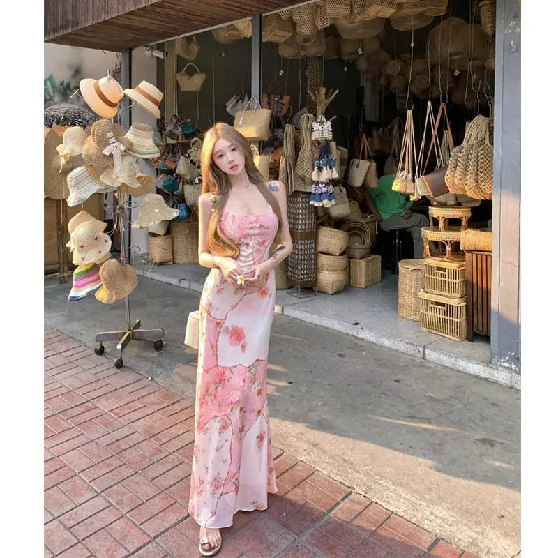 Summer Floral  Boho Dress Women Sleeveless Slim Fit Party Midi Dress  Mesh Patchwork Long Bodycon Elegant Beach Holiday Dress