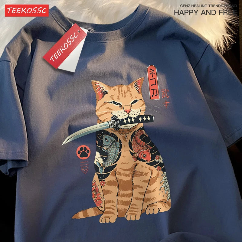 Japanese Harajuku Samurai Sword Cat T-Shirt Men Women Casual Tee Clothes Cotton Summer Tops Breathable Oversized T-Shirts Couple