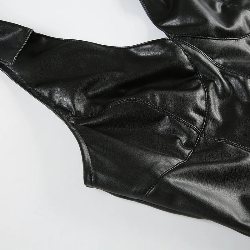 Hot Sexy Gyaru Slim Fit Leather Short Tops Women Halter Up Turn Down Collar Fashion Trendy Backless Design Tanks