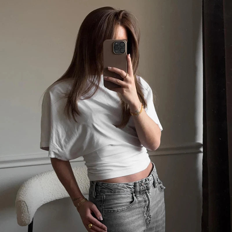 CUTENOVA Women'S Summer Loose Short-Sleeved T-Shirt Tops Waist Slimming Sweet And Hottie Design Sense Positive Shoulder Top