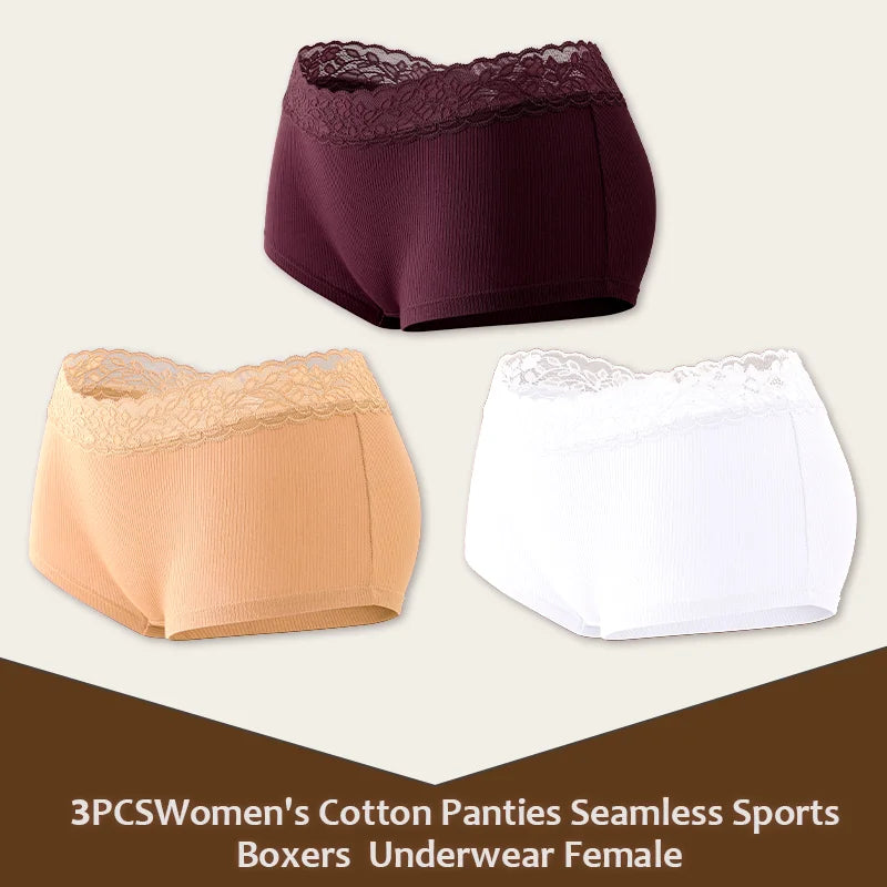 3Pcs Women's Cotton Lace Panties Boxers Seamless Boxer Underwear Female Solid Color Briefs Cozy Lingerie Intimate Underpant S-XL
