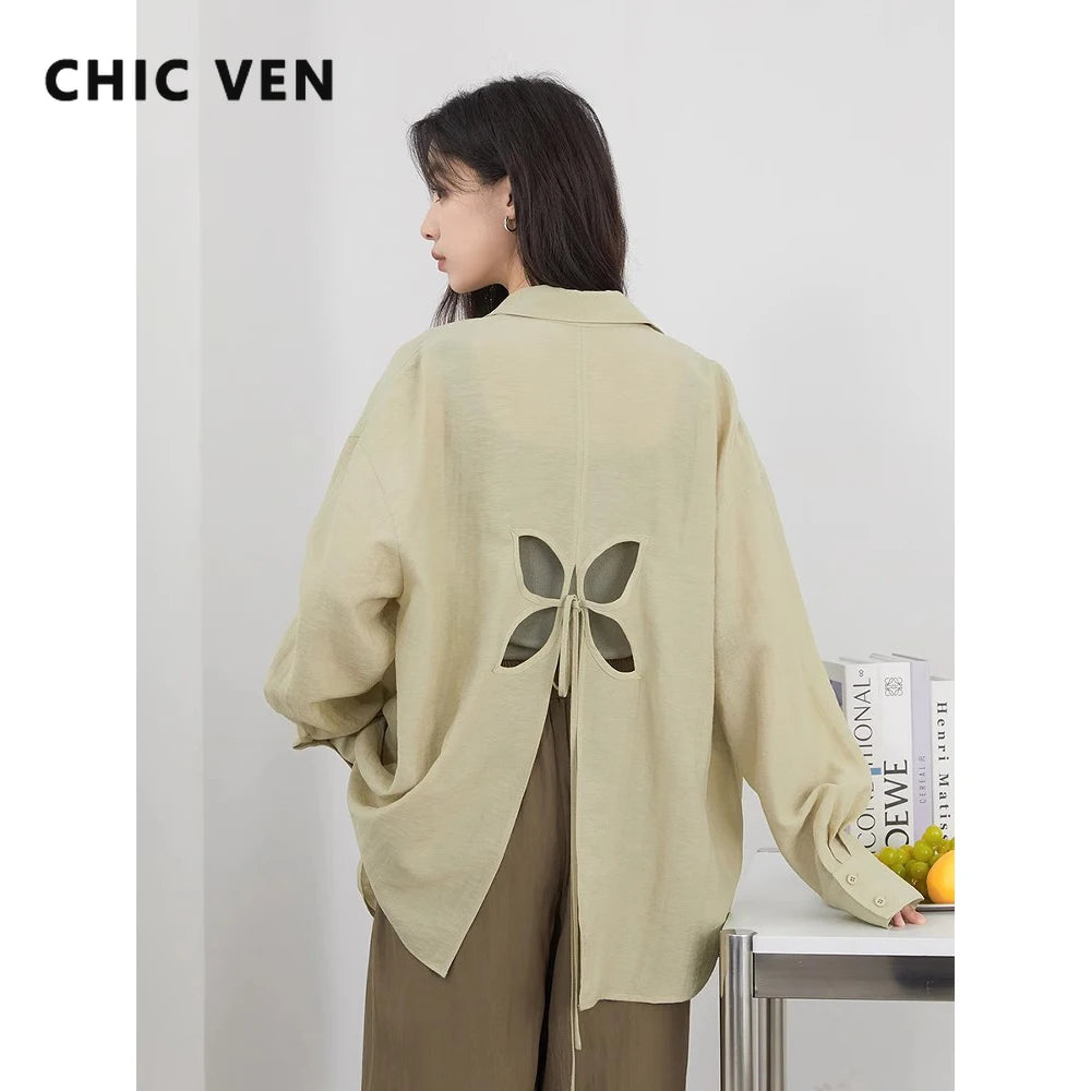 CHIC VEN Women Long Sleeve Shirts Solid Loose Casual New Style Design Back Hollow Out Shirt Female Blouse Spring Summer 2025