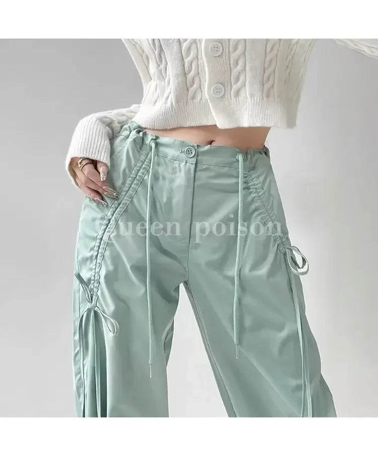 American Style Women's Summer Cargo Pants With Bowmint Green Drawstring Casual Bell Bottoms New 2024 Fashion Trend Long Pants