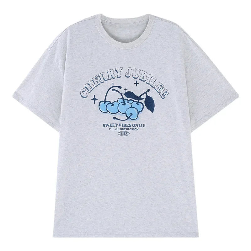 Women's Cartoon Cherry Print Loose Fit Short Sleeve T-Shirt Polyester Crew Neck Top Sweet Lazy Couple Shirt Trendy