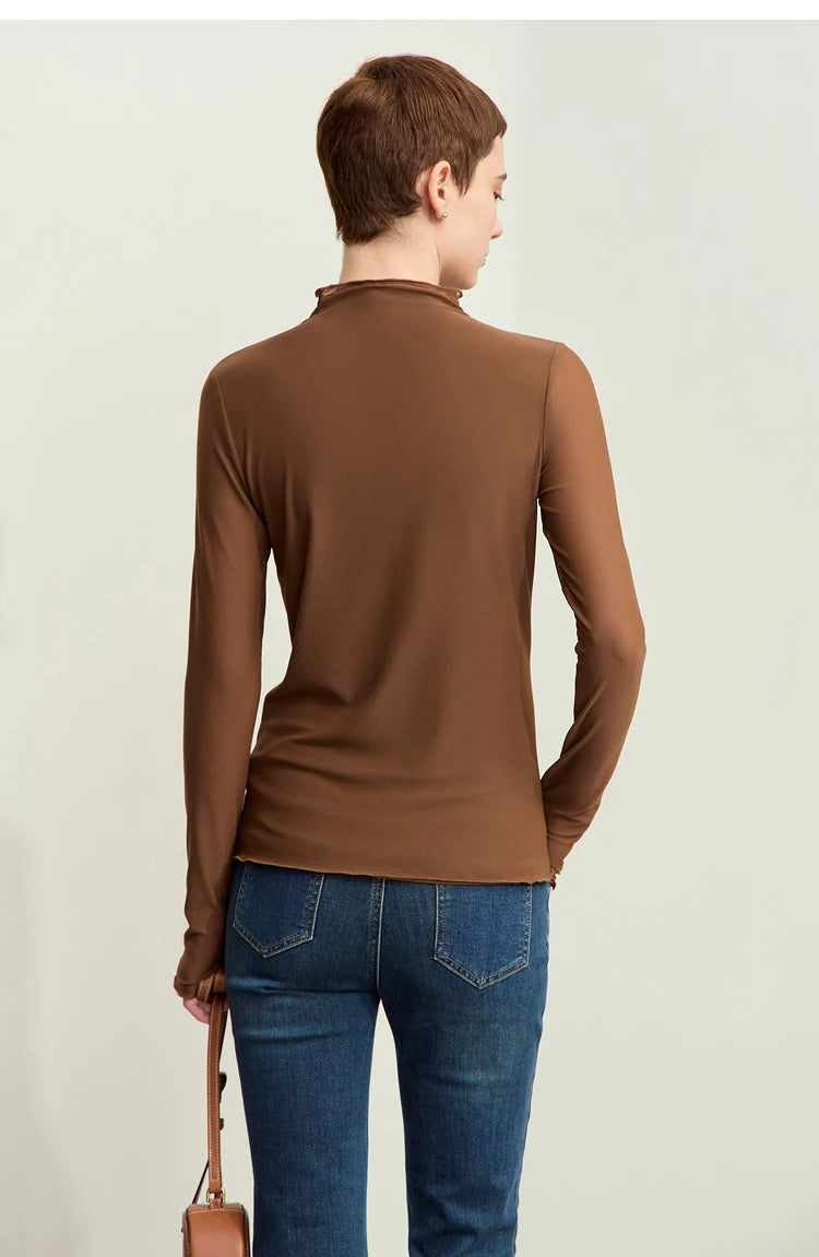 Amii Minimalism Mesh T-shirts For Women 2025 Spring New Office Lady Half-high Neck Micro Perspective Slim Retro Shirt 12423055