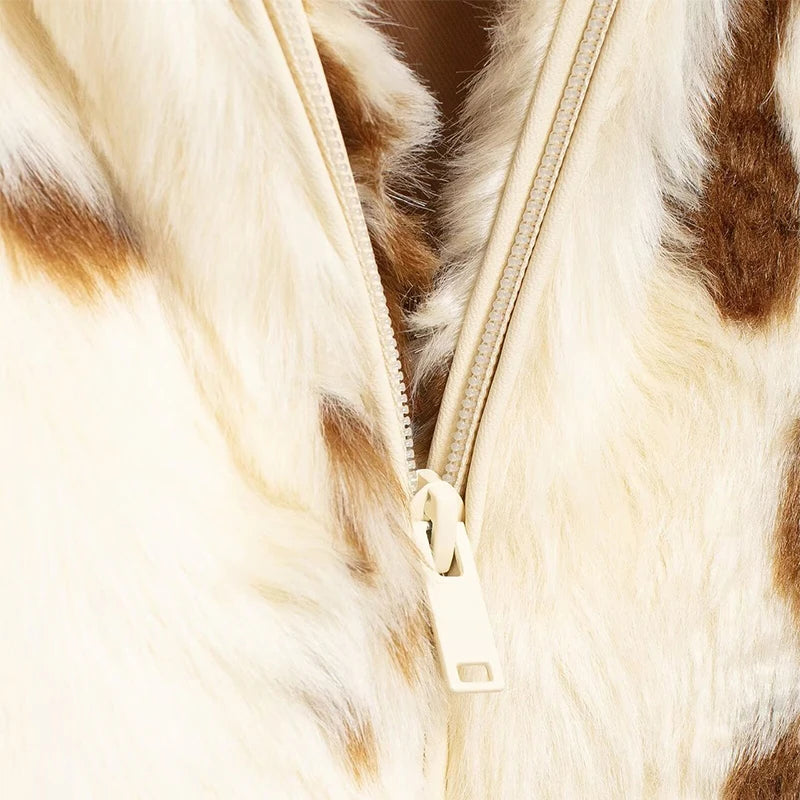 Faux Fur Contrast Women Coat 2025 Lapel Zipper Long Sleeve Female Coats Vintage Autumn Winter Pocket Thicken Warm Lady Outwear