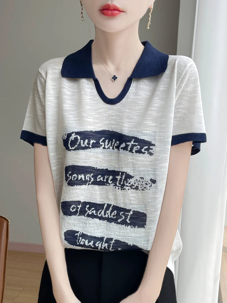 2025 New Large Size Summer Short Sleeve Scissor Collar T-Shirt Women High Grade T-Shirt Fashion Comfortable Leisure T-Shirt Tops