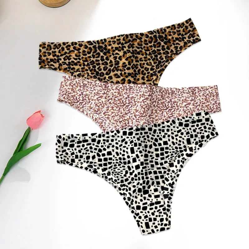 WarmSteps 3Pcs/Set Sexy Leopard Thongs Women's Panties Thongs 2024 New Female Underwear Seamless Printed Panties Ice Silk Briefs