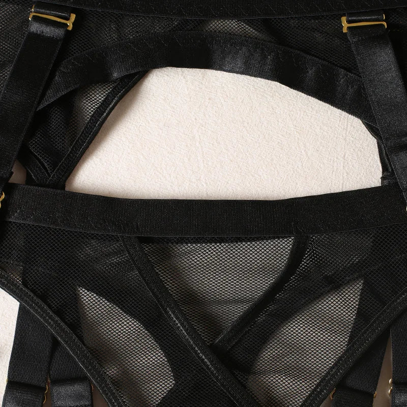 Cross-border new black mesh heavy-duty push-up bra with steel ring garter belt sexy sister lingerie set neck strap