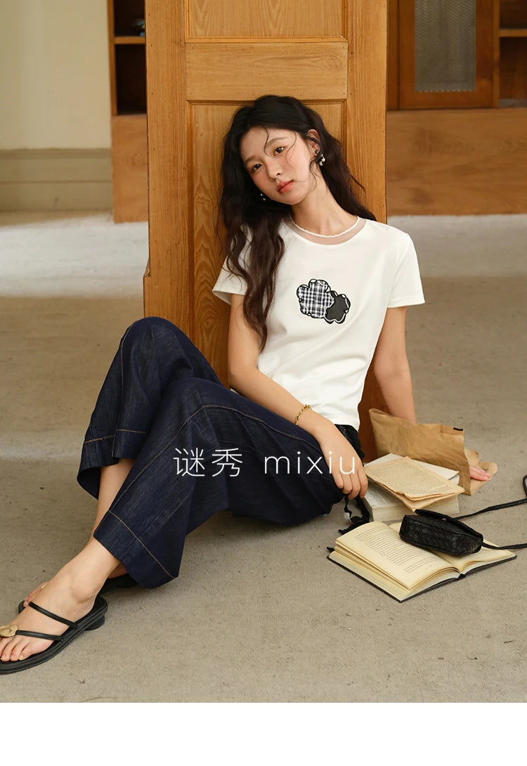 MISHOW Lace Edge Splicing Short Sleeve T-shirt for Women 2025 Summer Female Round Neck Simple Top Women's Clothing MXE38T0630