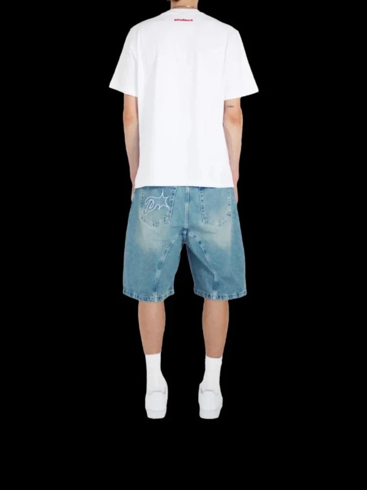 HOUZHOU Y2k Vintage Harajuku Short Jeans Women Washed Embroidery American Retro Man Denim Jorts Baggy Hip Hop Streetwear Summer