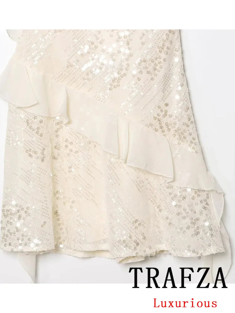 TRAFZA Sexy Chic Women Dress Solid Cami Backless Sequined Tierred Mini Short Dress New Fashion 2025 Summer Club Party Dress