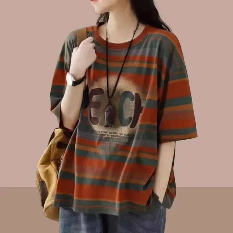 New Striped Print Letter Vintage Tops Summer Short Sleeve Loose Plus Size Street Casual T Shirts Fashion Harajuku Women Clothing