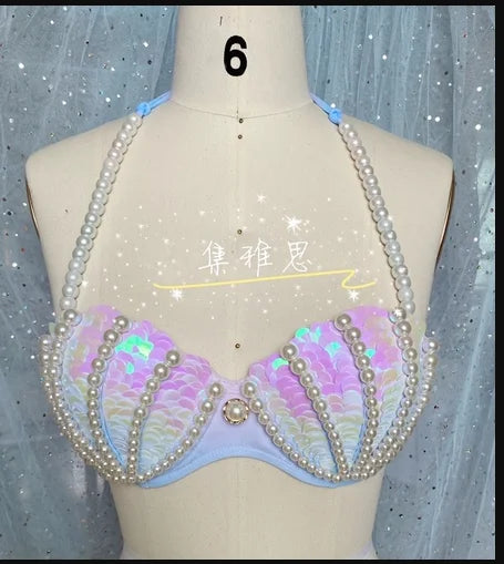 Mermaid Swimsuit Women Bikini Handmade Sequins Shell Bikini Sets Freediving Show Swimwear Tassel Beading Chest Pad Cos Bar Bra