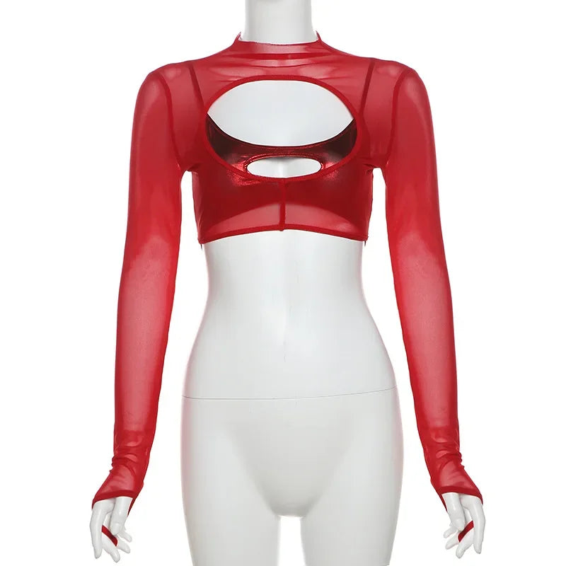 See Through Y2k Clothes Hollow Out Mesh Crop Top Skinny Camisole Mini Ropa De Mujer Rave Outfits 2 Pcs Set T Shirts For Women