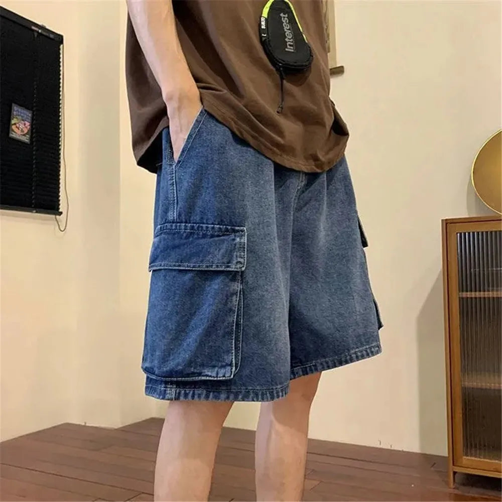 Pocket Casual Denim Shorts Summer Retro Blue Cargo Port Loose Big Pocket Thin Fashion Washed Five Point Casual High Waist Shorts