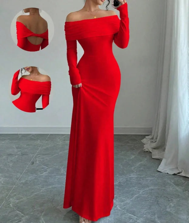 European and American 2025 Cross border Spring/Summer New French Fashion One Piece Collar Slim Fit High Waist Sexy Banquet Dress