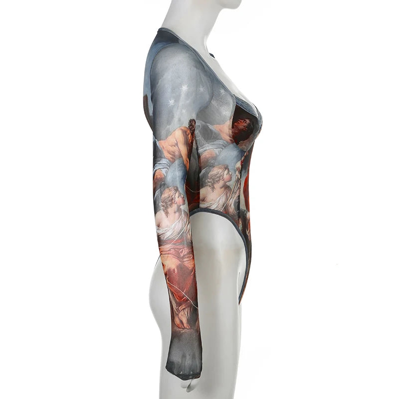 Rockmore  Vintage Printed Mesh Bodysuits Women Lace Bow Square Neck High Waist Wrapping Long Sleeve Bodysuit Halloween Christmas