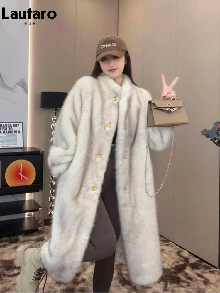 Lautaro Autumn Winter Long Thick Warm Hairy Soft Faux Fox Fur Coat Women Stand Collar Elegant Luxury Chic Fluffy Jacket 2024