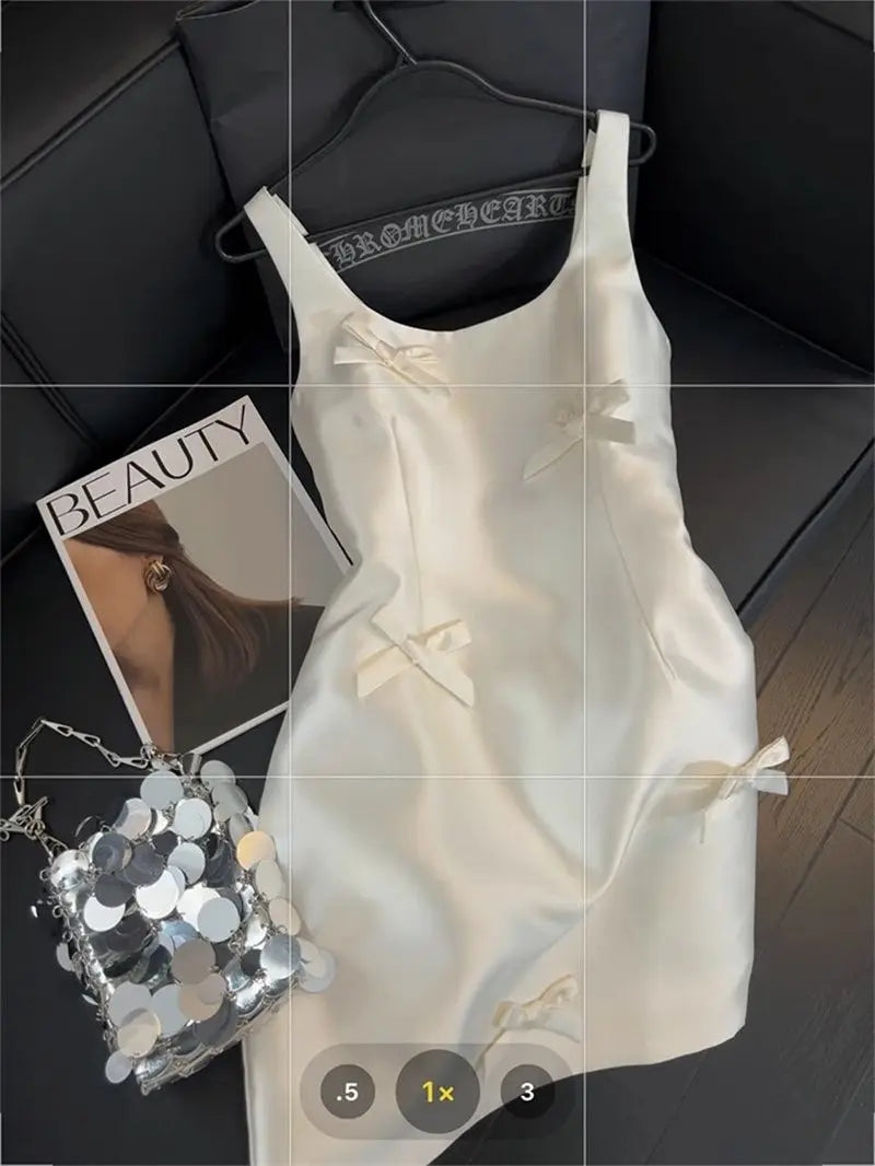 Women Elegant Mini Dress Satin Bow Decor Sleeveless Square Neck Slim Fit Suit French Style Party Club Night Summer Outfit