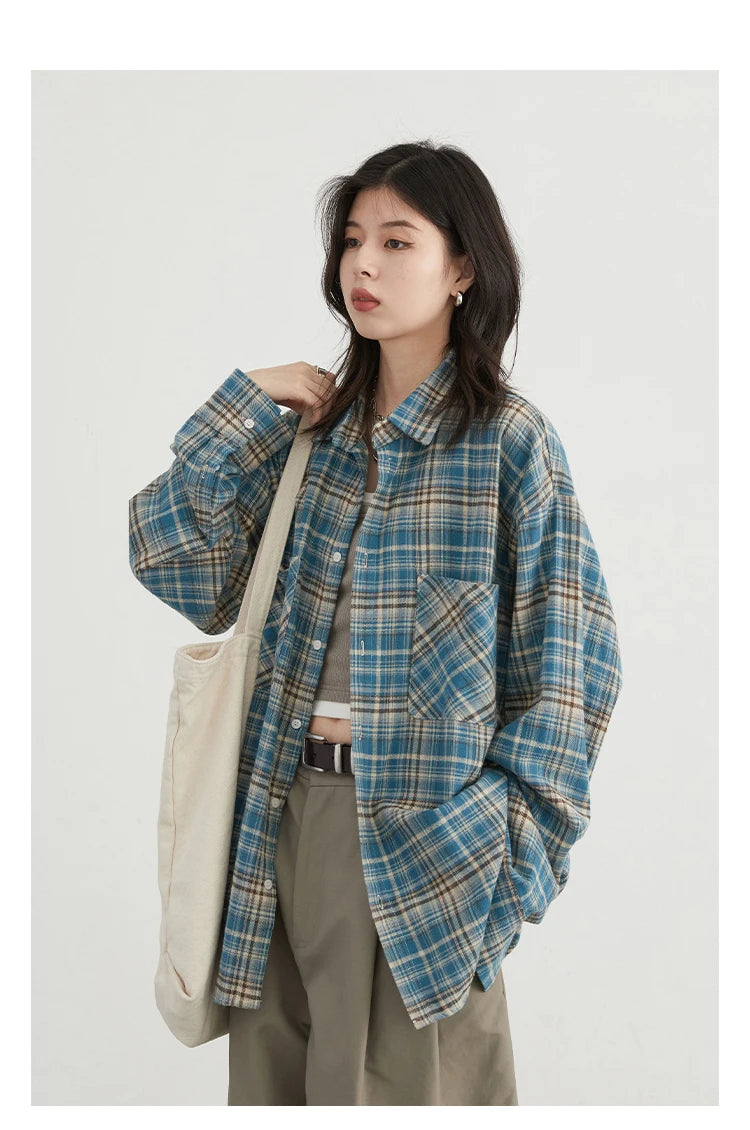 CHIC VEN Women's Cotton Shirt Single Breasted Loose New Retro Color Blocked Grid Female Blouses Autumn Spring 2024