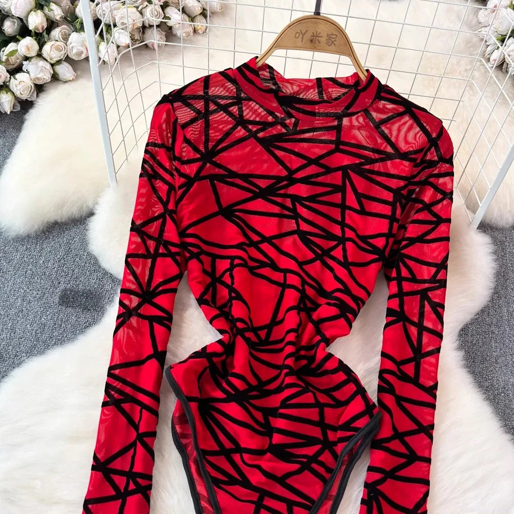 Foamlina Sexy Hollow Out Mesh Bodysuits for Women Fashion Striped Print Stand Collar Long Sleeve Slim Fit Club Party Jumpsuits