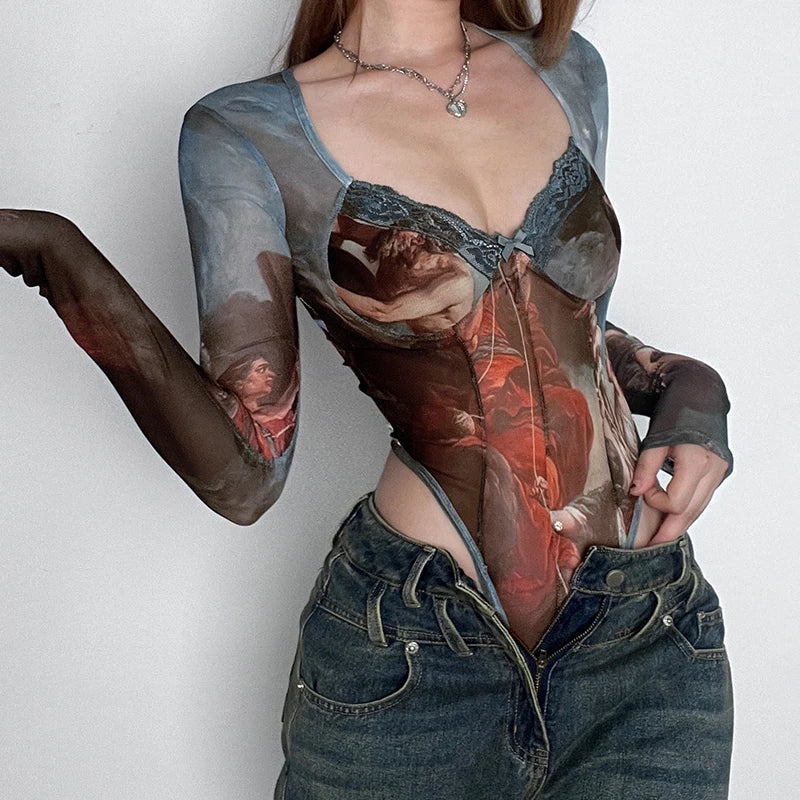 Rockmore  Vintage Printed Mesh Bodysuits Women Lace Bow Square Neck High Waist Wrapping Long Sleeve Bodysuit Halloween Christmas