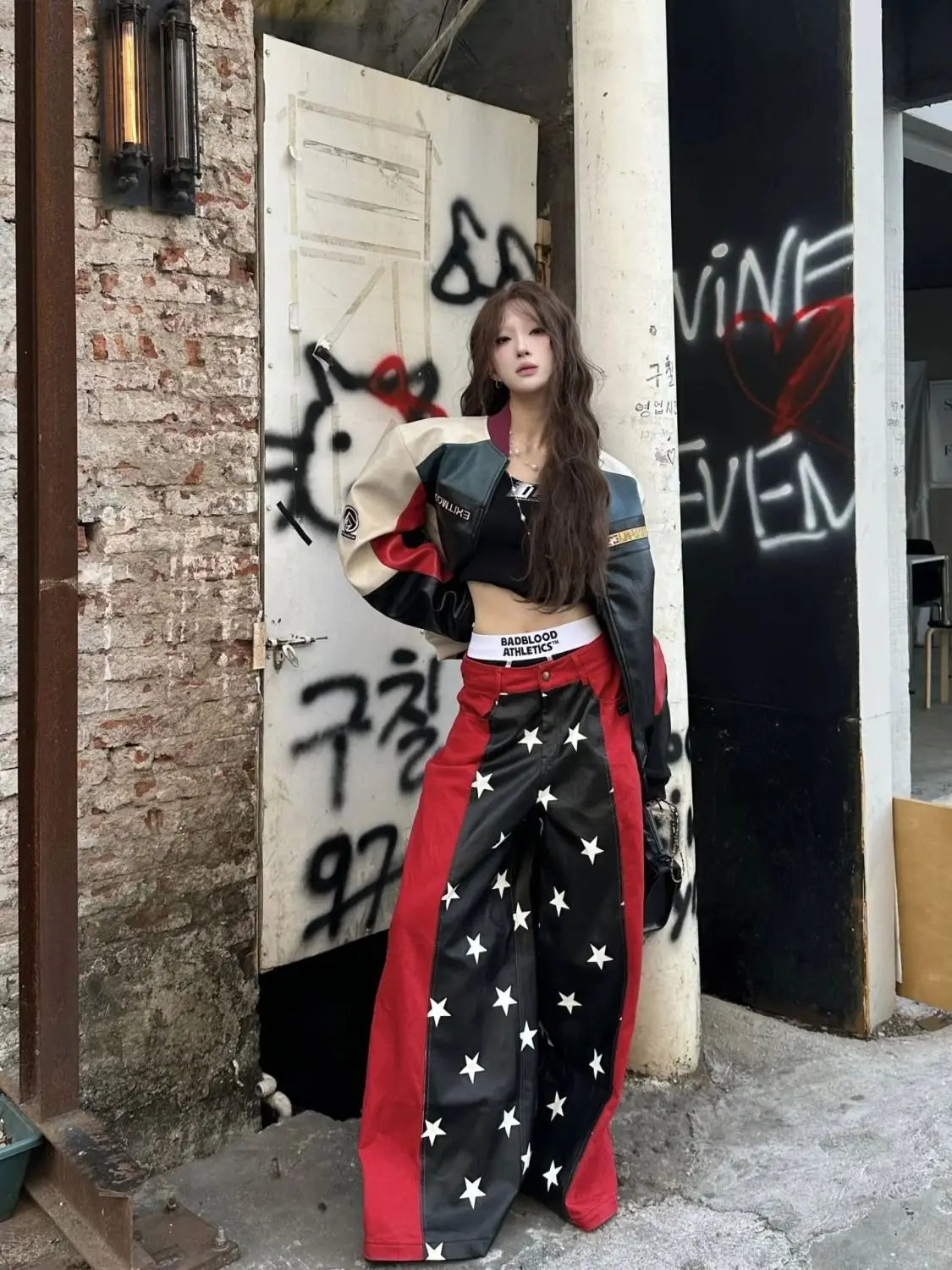 2025 Fall Winter Y2K Sweet Grunge Star Print PU Leather Patchwork Jeans Women Oversized Baggy Streetwear Wide Leg Pants