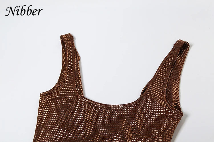 Nibber Sequins Backless Dress Women Sexy Solid Square Collar Sleeveless Skinny 2025 Summer Fashion Glitter Stretch Long Bodycon