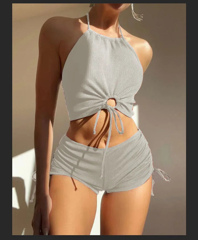 AOTVOTEE Sexy Leopard Bikini Shorts 2 Piece Set Women Laced Up Split Swimsuit Beach Bikini 2025 New Summer Swimwear Bikinis Set