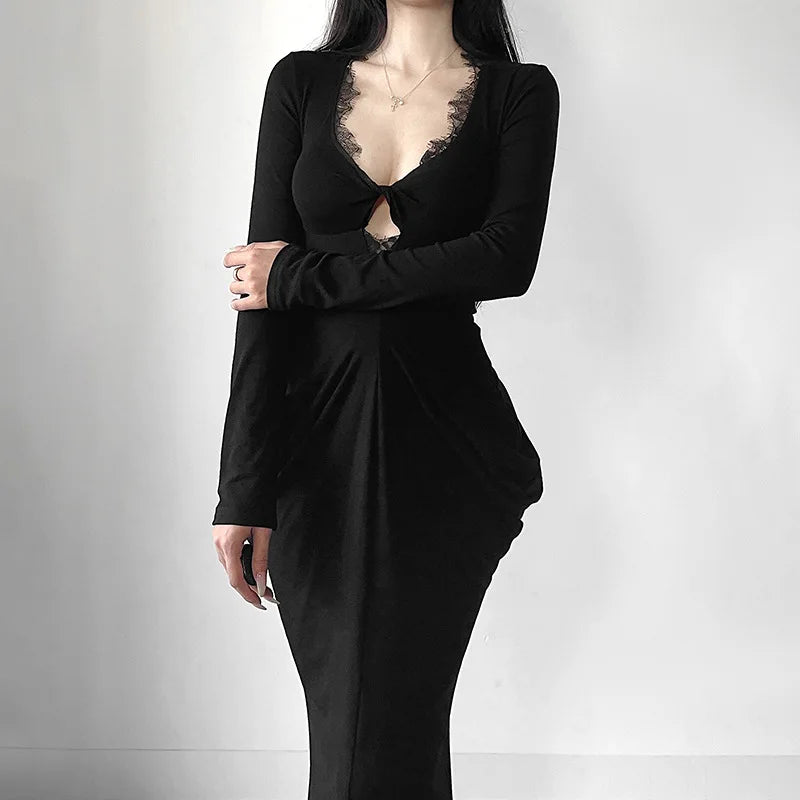 AltGoth Fairycore Grunge Elegant Midi Dress Women Mall Gothic Sexy Lace Patchwork Hollow Out Long Sleeve High Waist Corset Dress