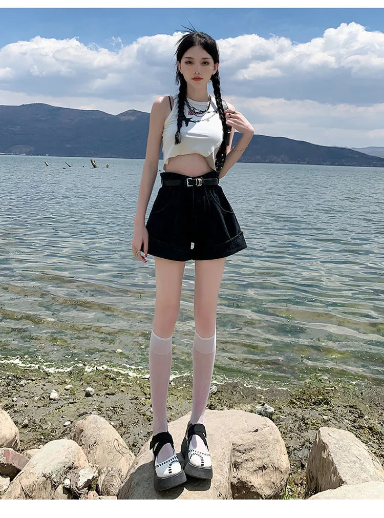 Women's Wine Red Denim Shorts High Waist Wide Shorts Harajuku Streetwear Korean Style Y2k Casual Blue A Line Jean Shorts Summer