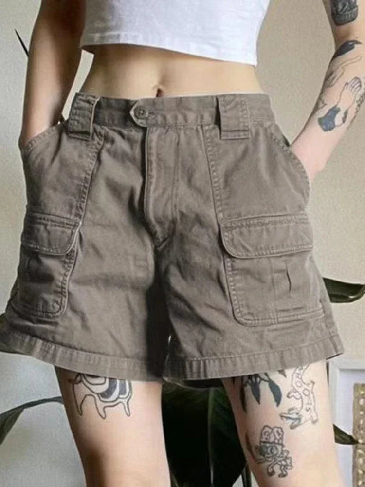 Y2k Vintage Streetwear Cargo Denim Shorts Women American Retro Harajuku Solid Loose Jeans Casual Pocket 2024 Summer Chic