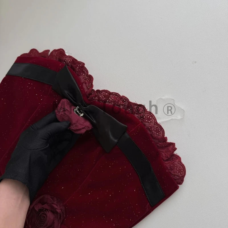 Gothic Y2k Lolita Style One Piece Dress Women Sexy Red Rose Flower Bow Party Mini Dress Japanese Fashion Elegant Dresses 2025