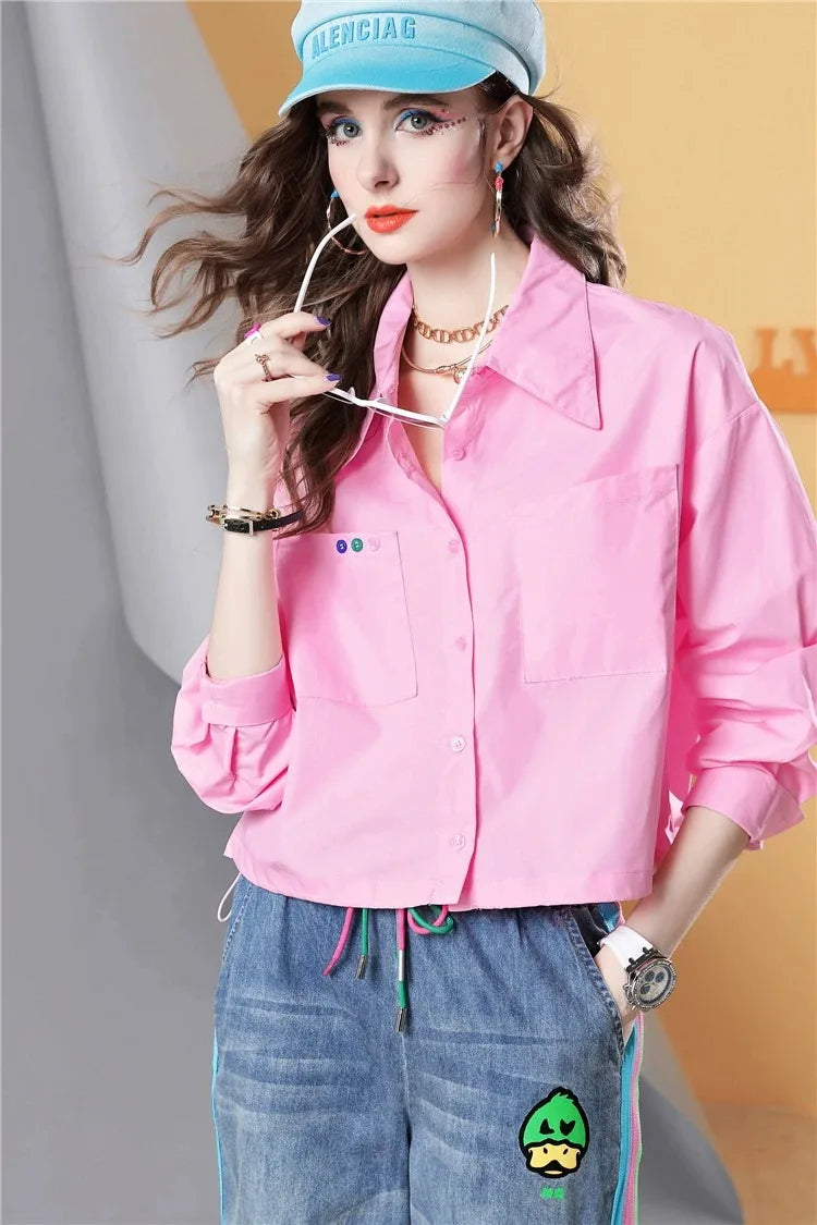 Spring and Autumn Pink Long-sleeved Printed Long-sleeved Women's Shirt Loose Polo Shirt Casual Cotton Top Women's Clothes