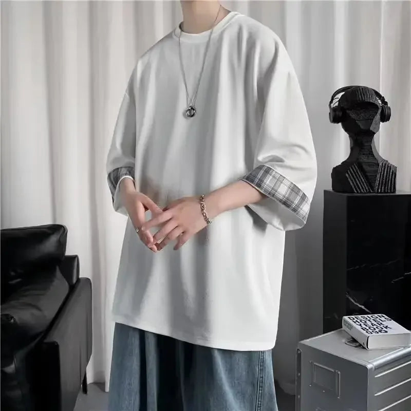 New Fashionable Summer Korean Style Short Sleeve T-shirt For Men Loose Fit Trendy Two-piece Illusion Half Sleeve Hong Kong Style