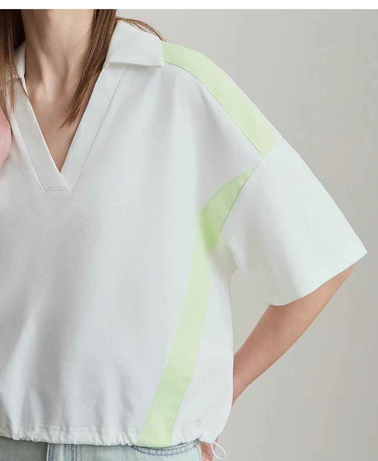 Amii Minimalist Cotton T-Shirts For Women 2025 Summer New V-Neck Pullover Loose Short Shoulder Sleeve Chic Commute Tops 12552001