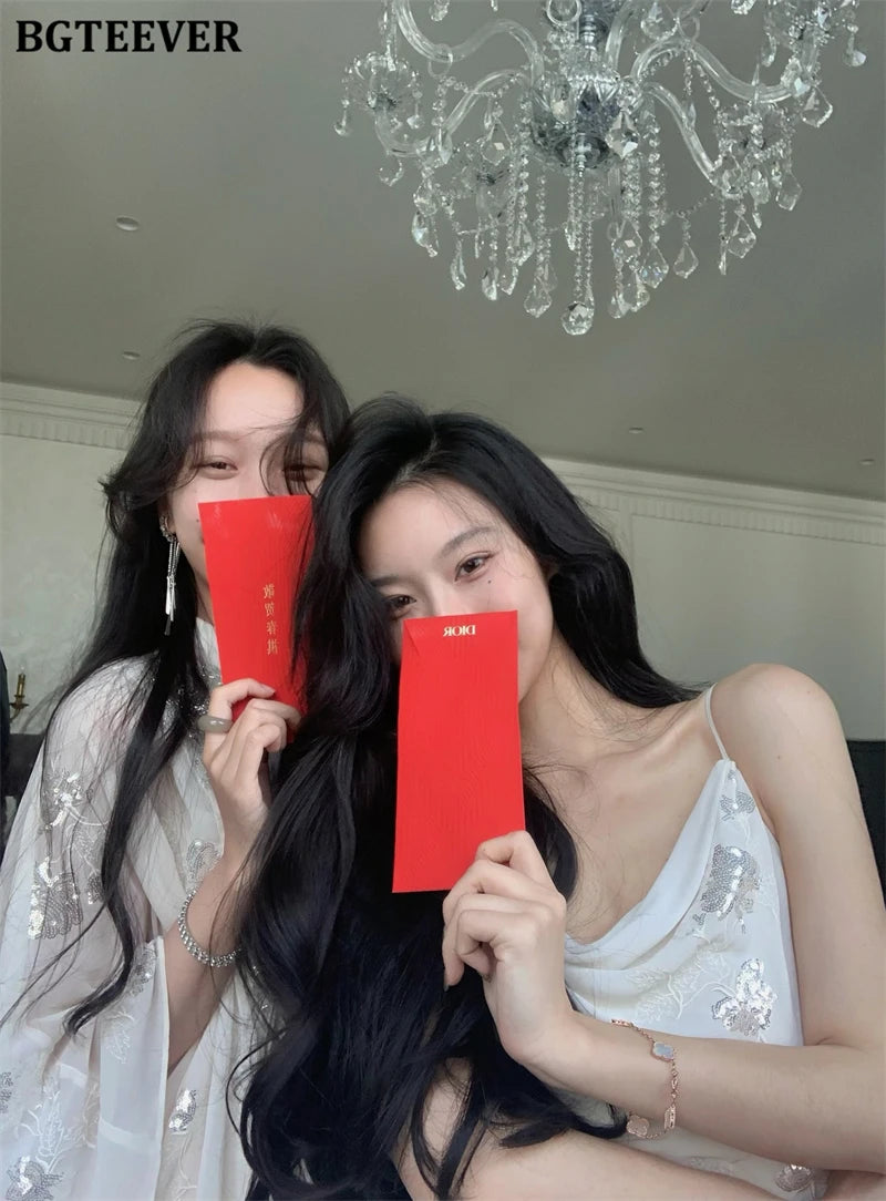 BGTEEVER Autumn Winte Slim OL Embroidery Set Long Sleeve Cardigans & Spaghetti Strap Package Hip Dress Ladies 2 Pieces Set