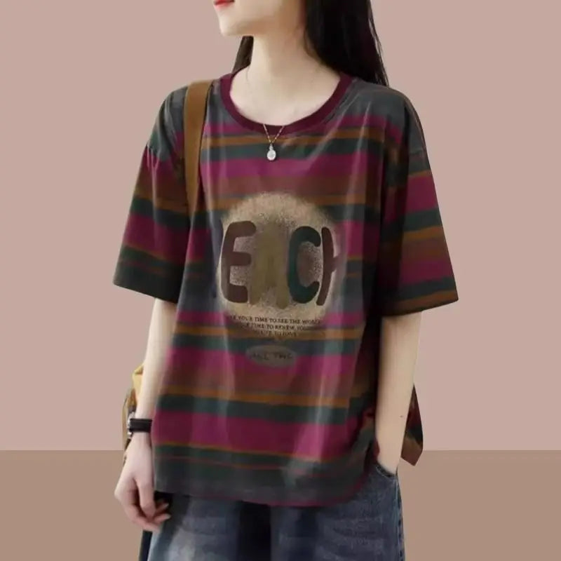 New Striped Print Letter Vintage Tops Summer Short Sleeve Loose Plus Size Street Casual T Shirts Fashion Harajuku Women Clothing