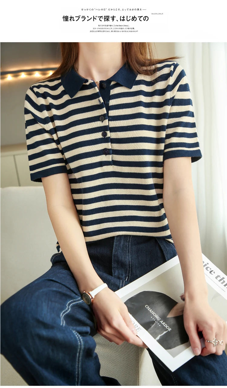 RONGYI 100% Cotton Women's Spring And Summer New Polo Neck Knitted Pullover With Stripes And Thin Short Sleeve T-Shirt Loose Top