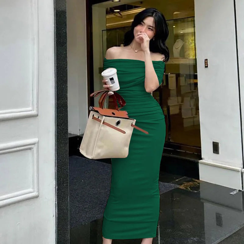 Spring European and American One Shoulder Pleated Dress Slim Fit and Slim Slim Slim Split Bottom Dress Long Dres